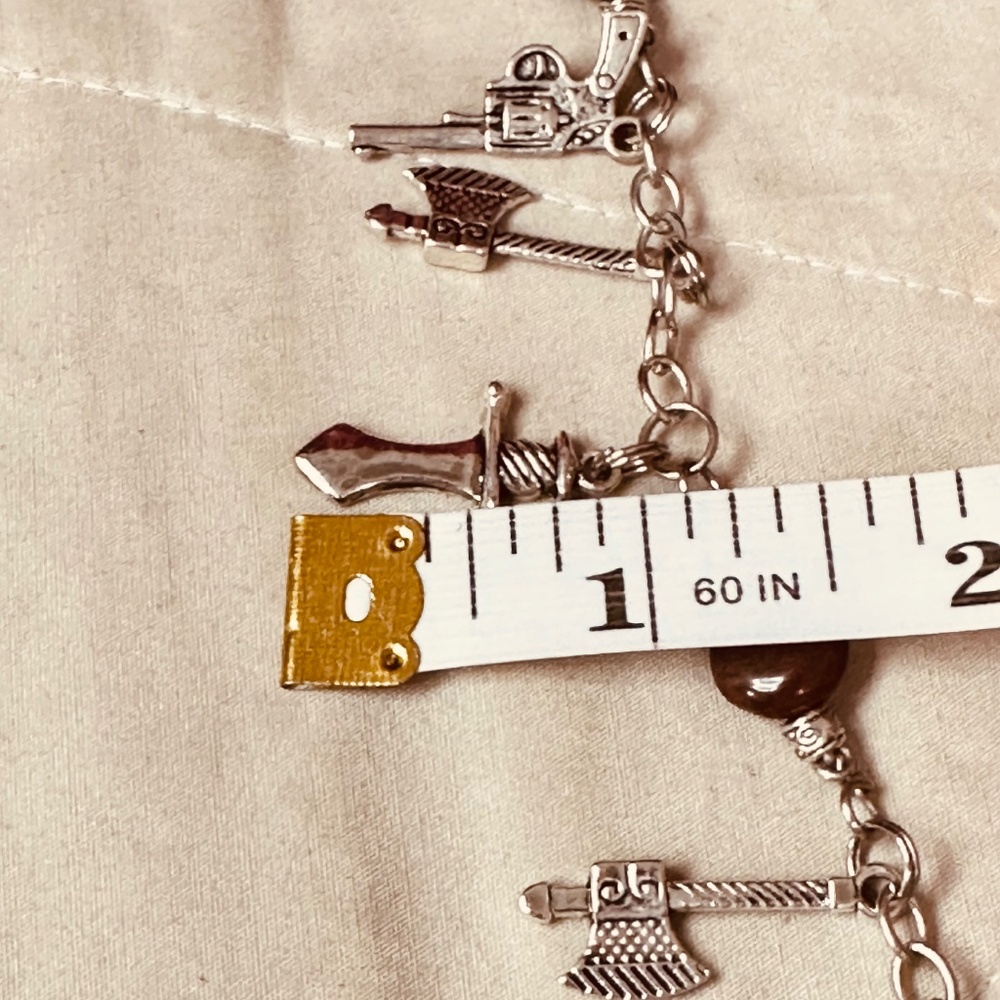 Medieval Weapon Charm Bracelet Handmade Red Jasper Stainless Steel Axes Daggers - Picture 8 of 10